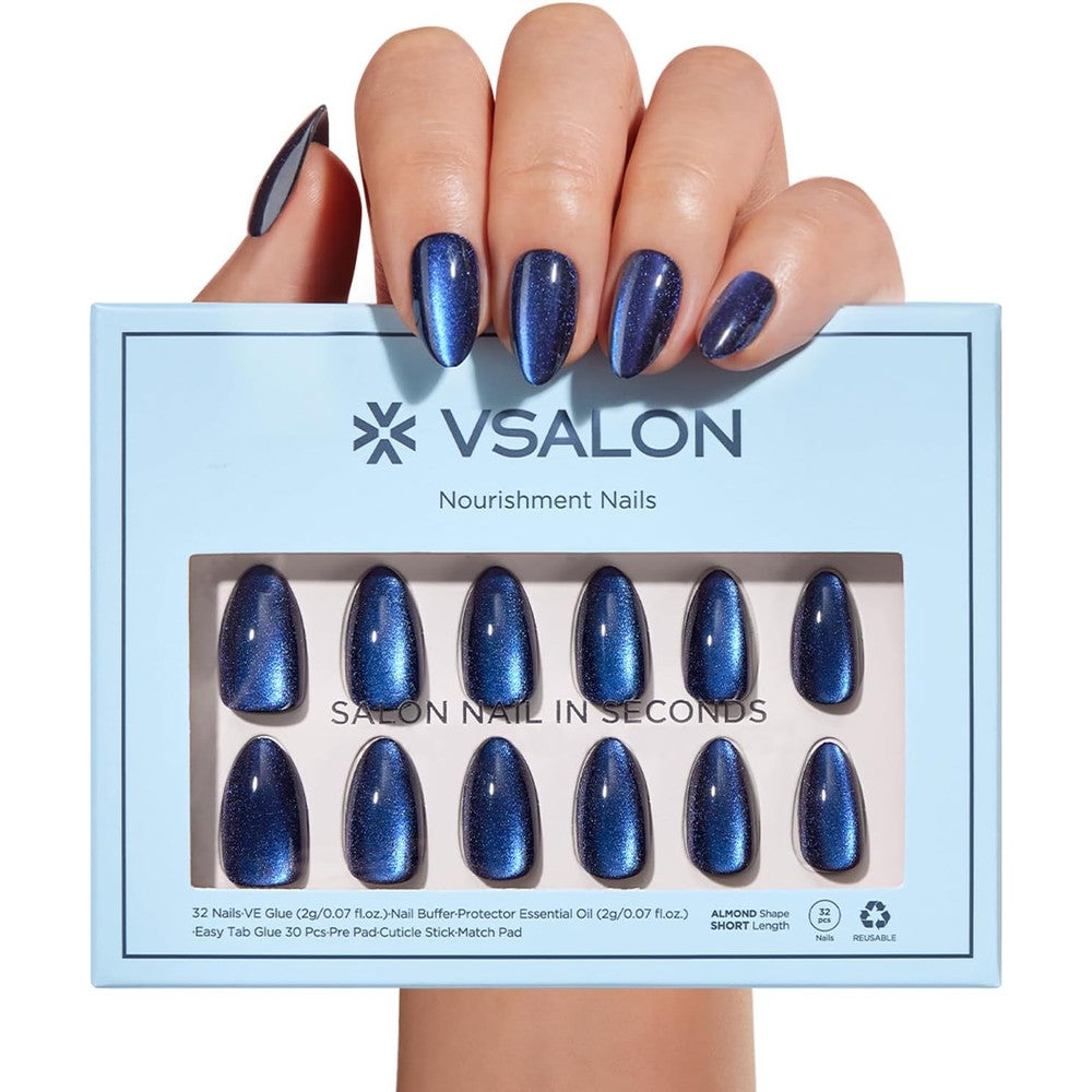 Vsalon Midnight Tide blue cat eye press on nails front view