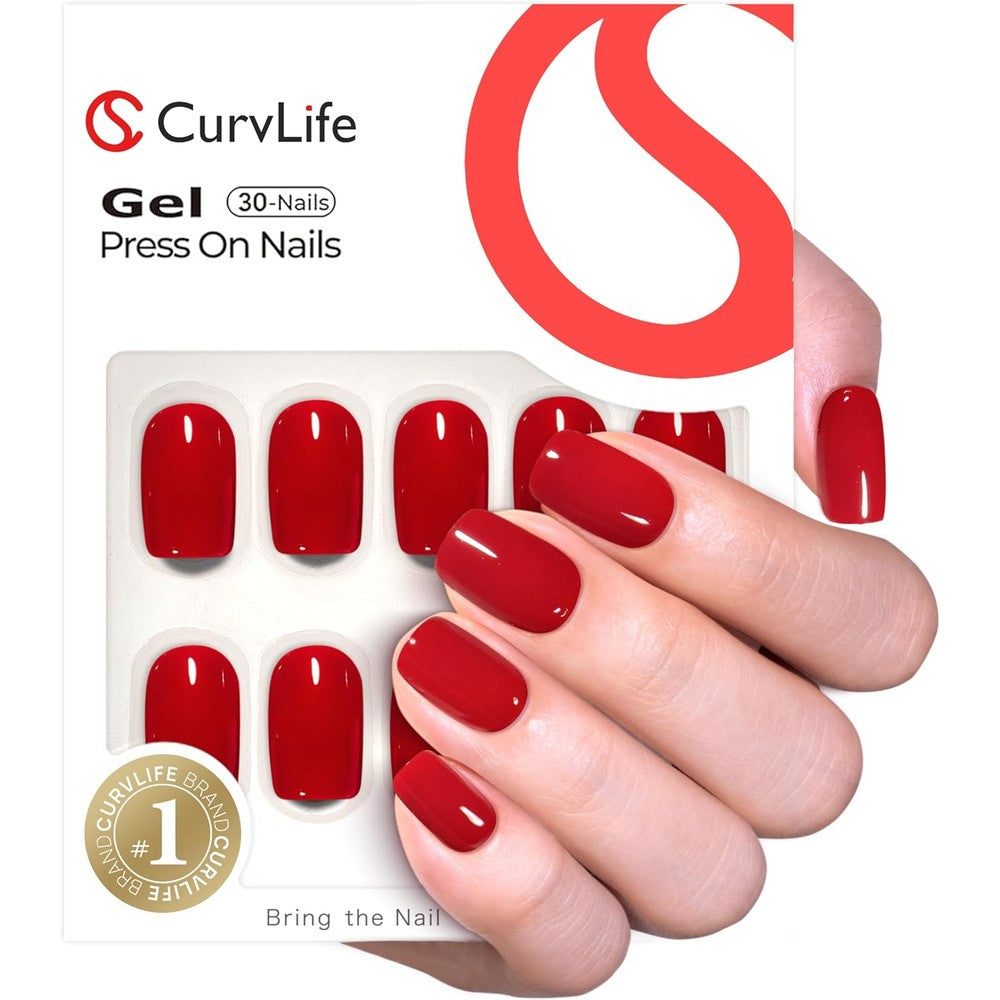 CurvLife soft gel short press on nails in clear red oval front view