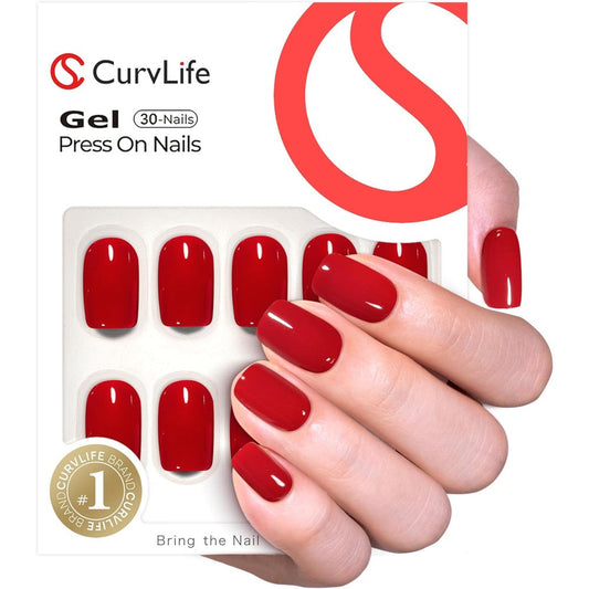 CurvLife soft gel short press on nails in clear red oval front view