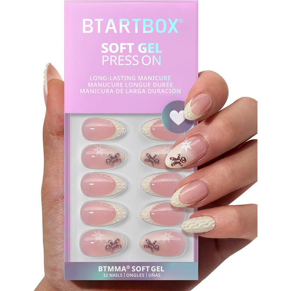 BTArtbox Gingerbread Joy 3D short almond press on nails front view
