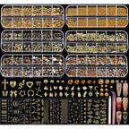 Teenitor gold nail charms and stickers kit front view showing all boxes and sticker sheets.