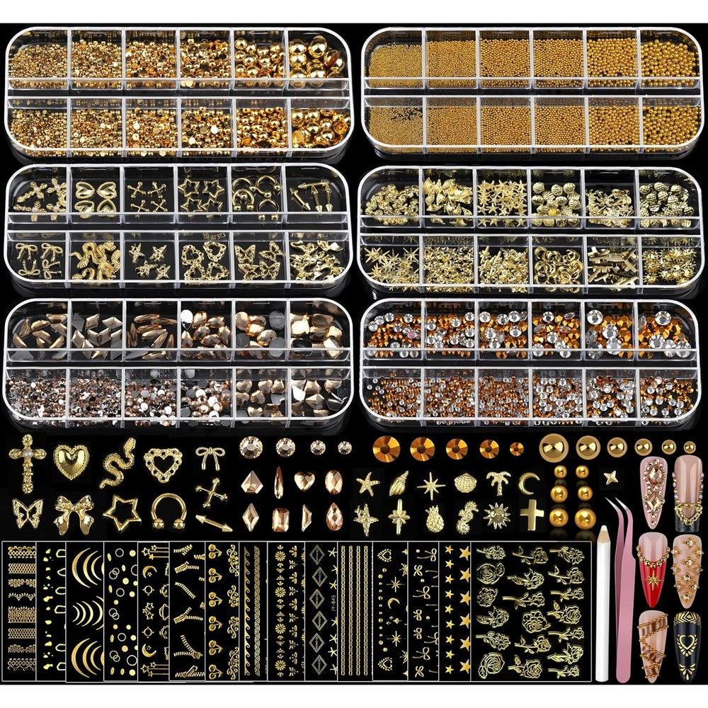 Teenitor gold nail charms and rhinestone art set front view