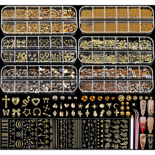 Teenitor gold nail charms and rhinestone art set front view