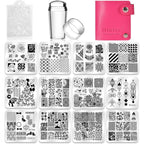 Biutee nail stamping plates set front view showing 12 stainless steel template plates and tools.