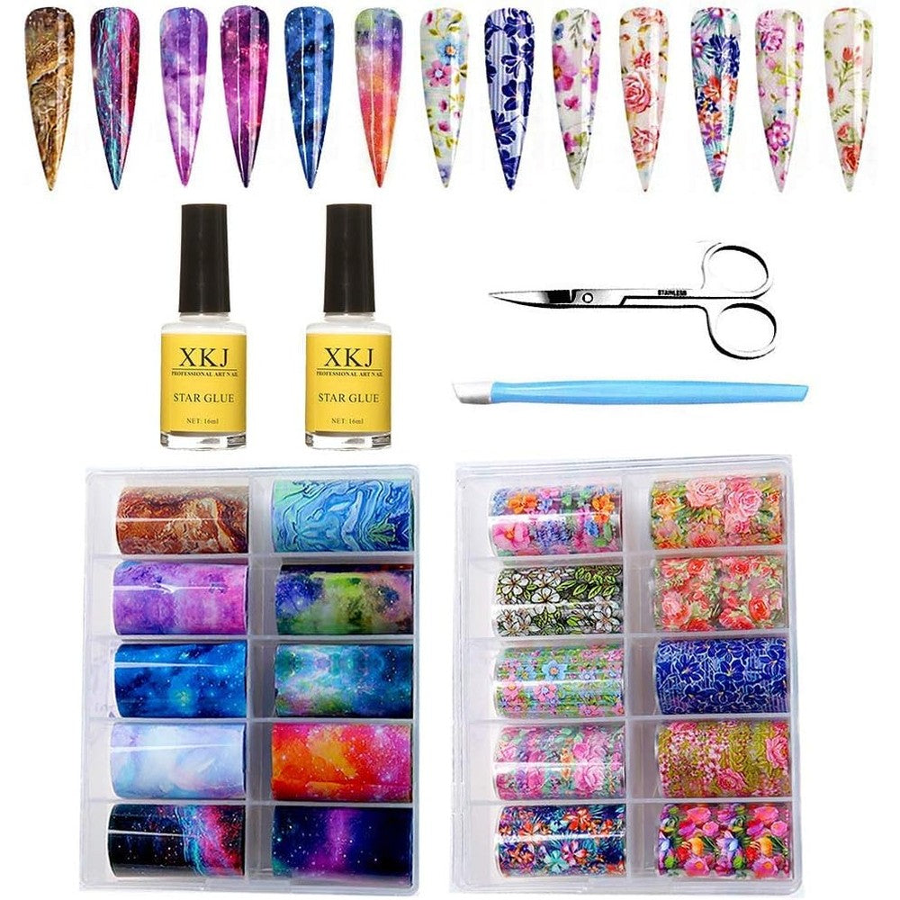 Kalolary 20 Color Starry Sky Stars Nail Art Foil Set front view of product packaging showcasing holographic transfer sticker rolls.
