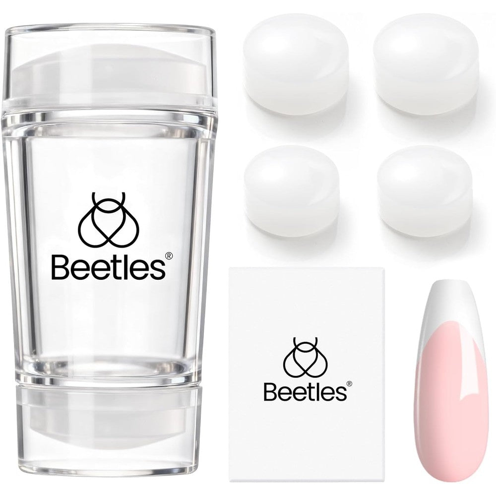 Beetles Gel Polish French Tip Tool Nail Stamp Kit front packaging view showcasing clear cylindrical stamper and replacement silicone heads.