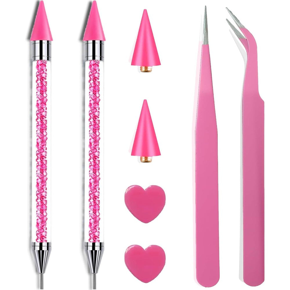 Yaoociy pink rhinestone picker tool set with two wax pens and tweezers front view