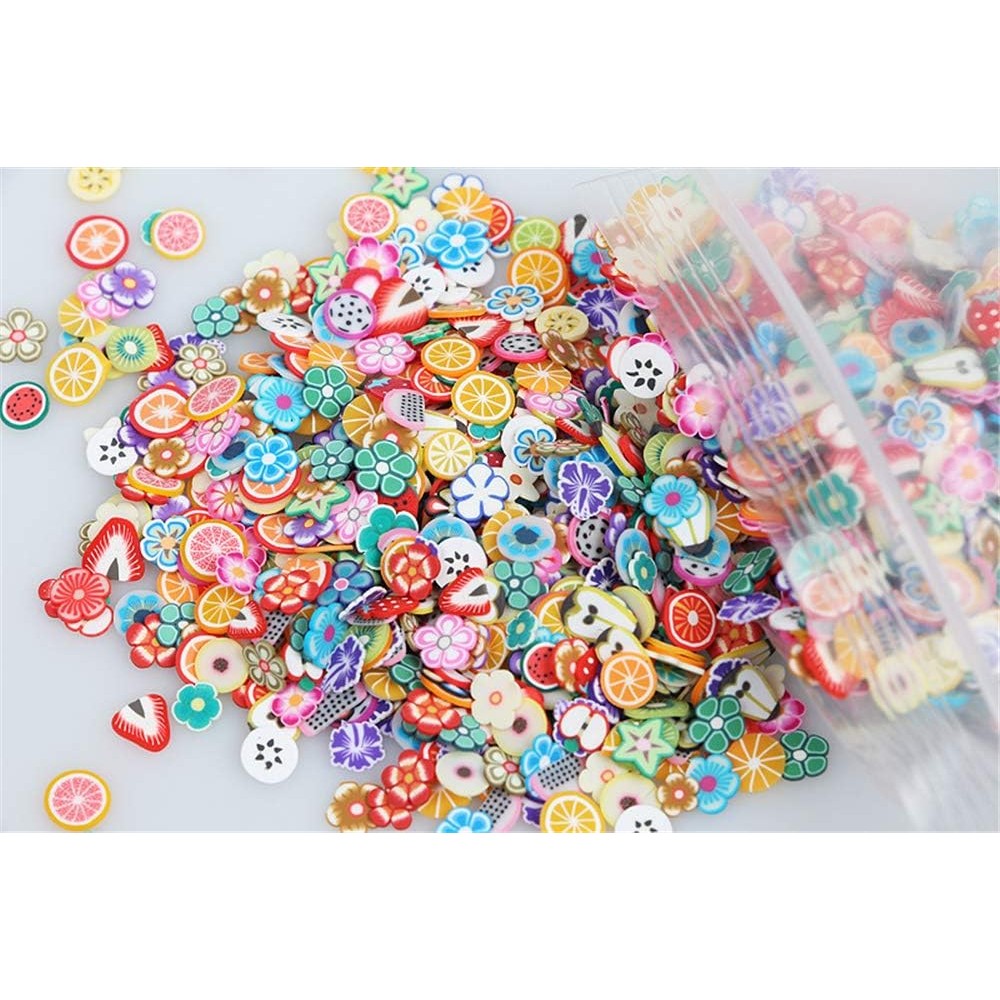 Mezerdoo 3D Nail Art Polymer Clay Slices bag front view showcasing colorful mixed fruit and flower designs for manicures