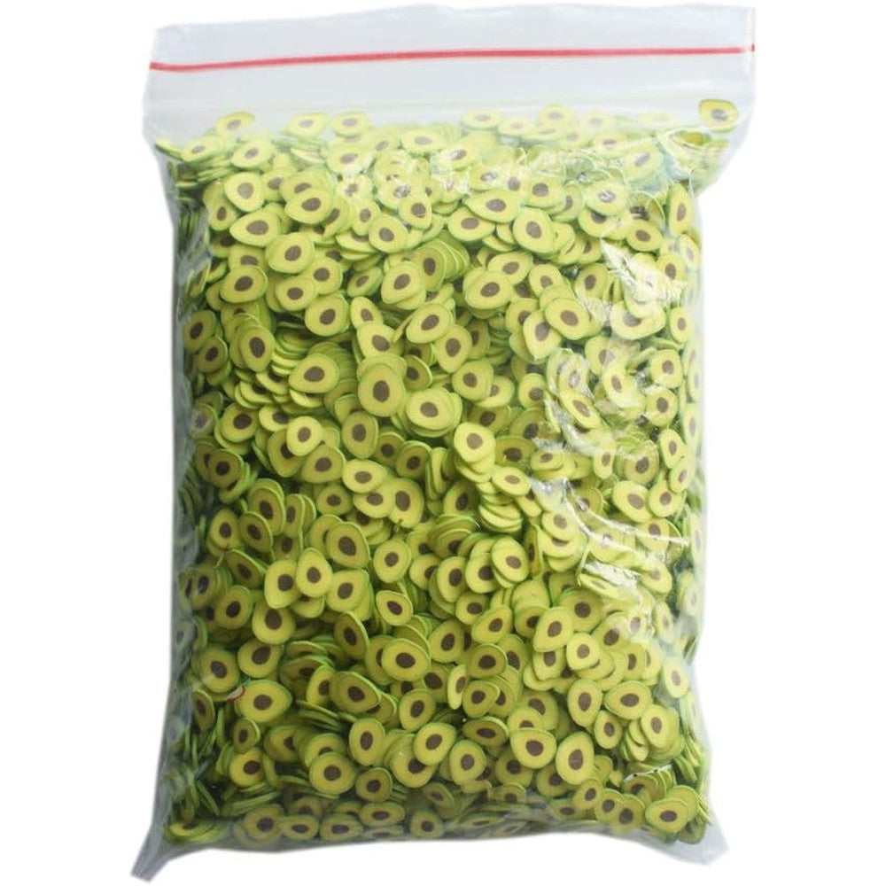 Mezerdoo Avocado Polymer Clay Slices front view bag of green five millimeter miniature craft fruit particles