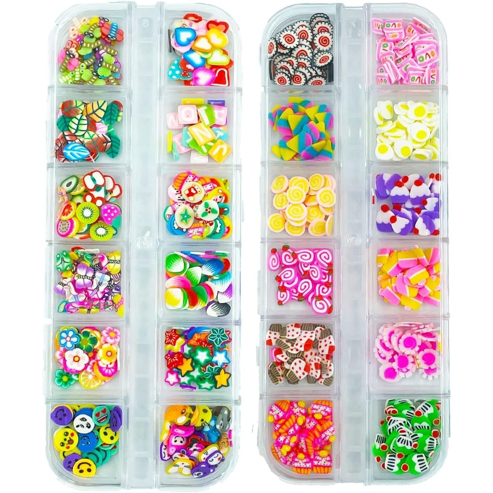 LOPURO 3D polymer clay nail art slices two boxes front view containing colorful fruit shapes