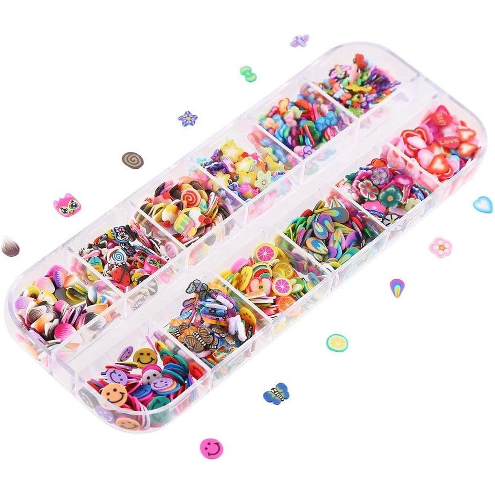 CCINEE polymer clay nail art slice set front view showing twelve grids of assorted colorful fruit and flower designs