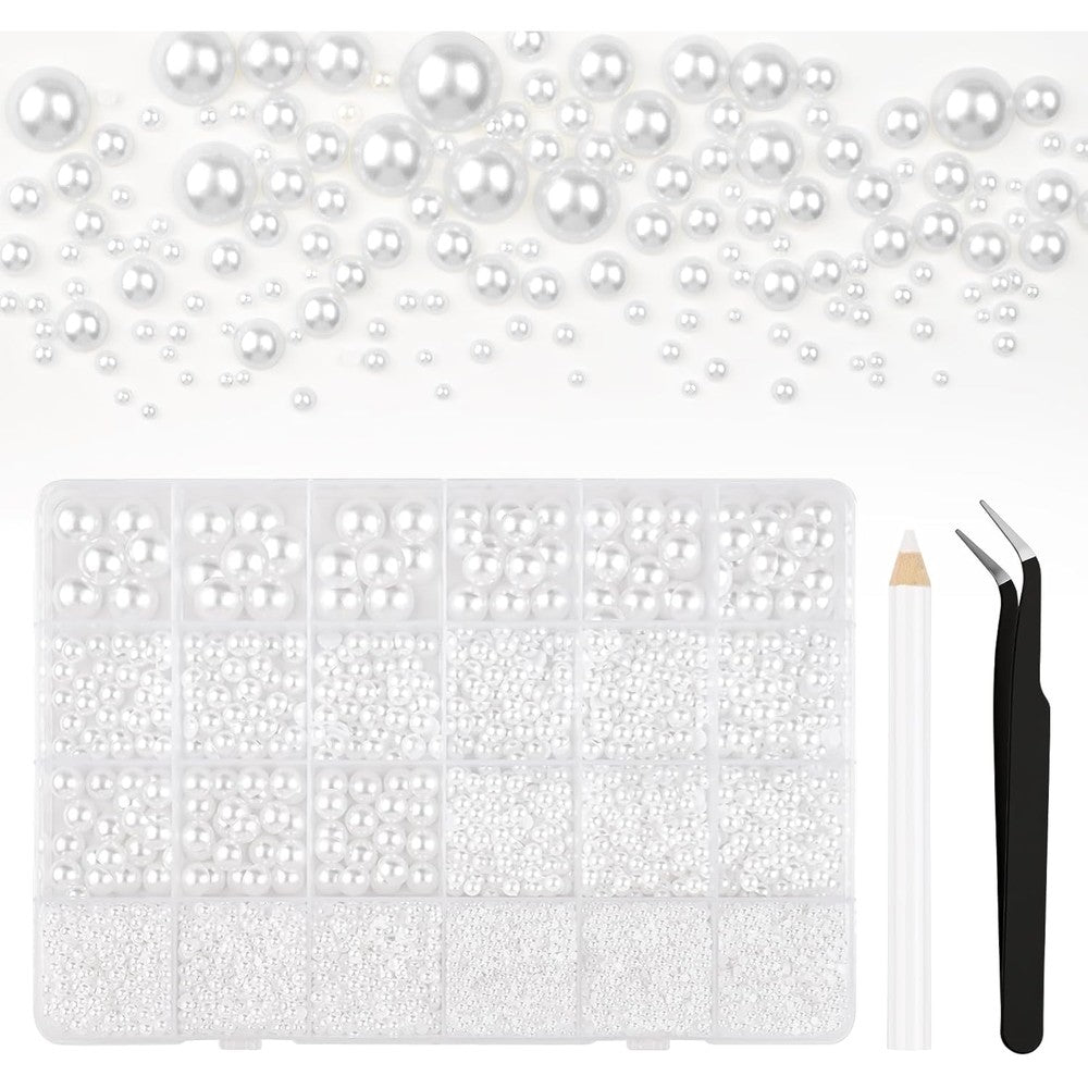 Bouiexye white flatback pearls kit front view with storage box