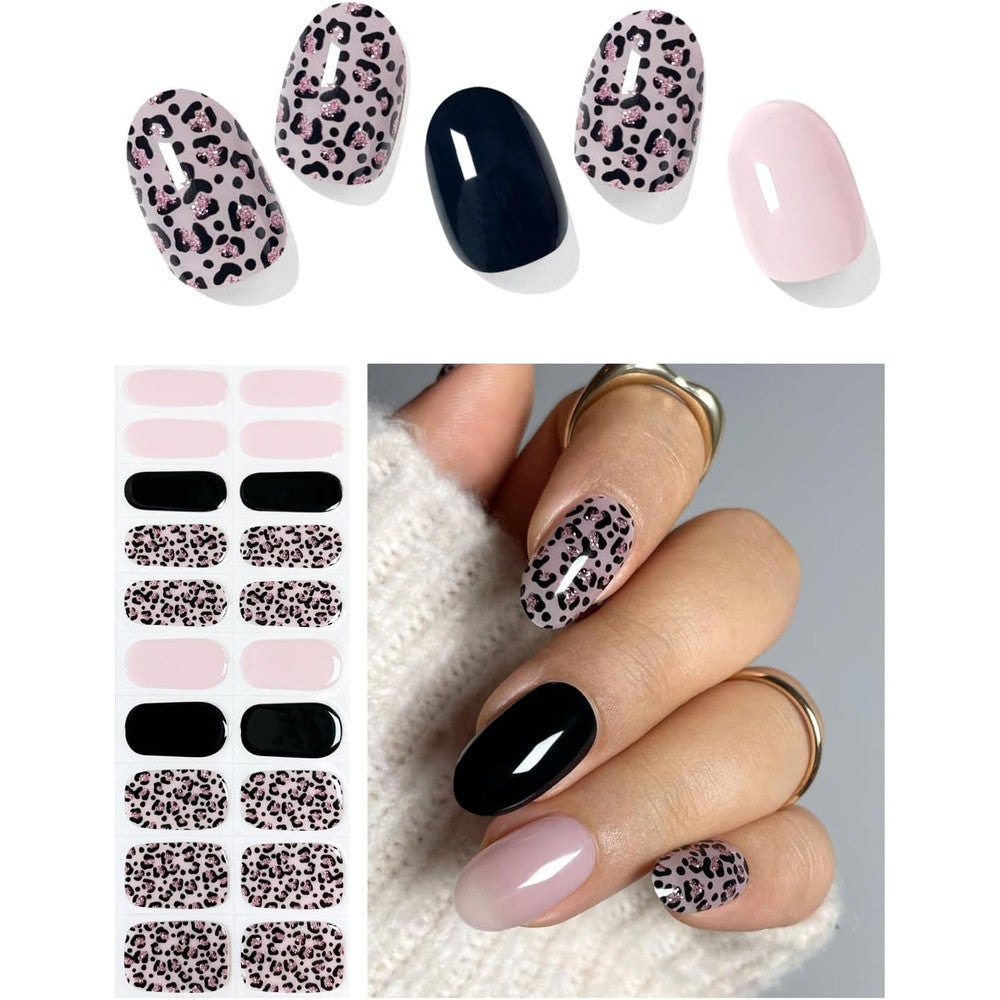 AutyaMee Semi Cured Gel Nail Strips Pink Leopard Purple 20 Pieces Salon Quality Long Lasting UV Gel Nail Wraps For Easy At Home Manicure - Image 1