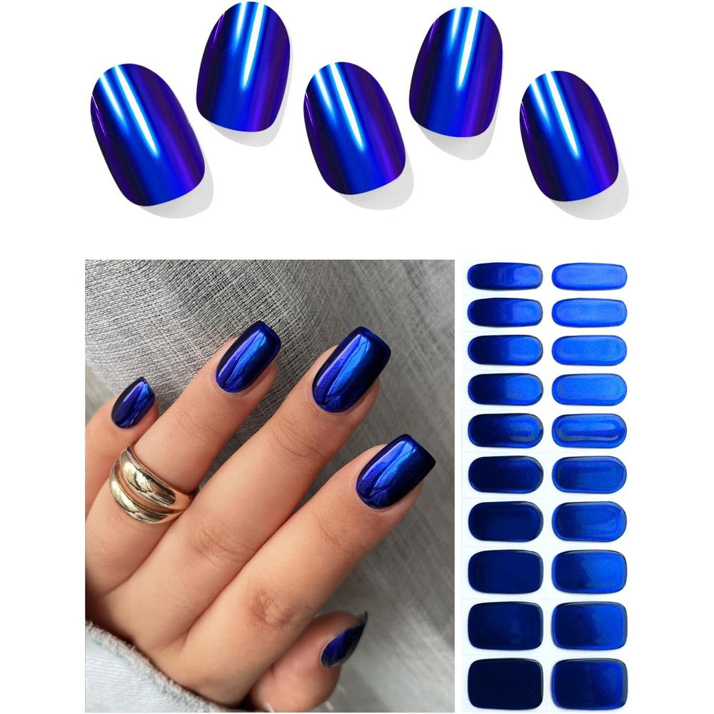 Ebanku Semi Cured Gel Nail Strips Blue Mirror Chrome 20 Pieces Long Lasting Salon Quality Gel Wraps For Professional Manicure Results - Image 1