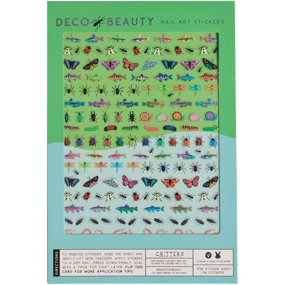 Deco Beauty Critters nail art sticker sheet showing various insect and sea creature designs.
