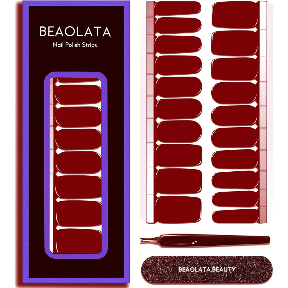 Beaolata nail polish strips long lasting front view package showcasing dark red gel nail wraps