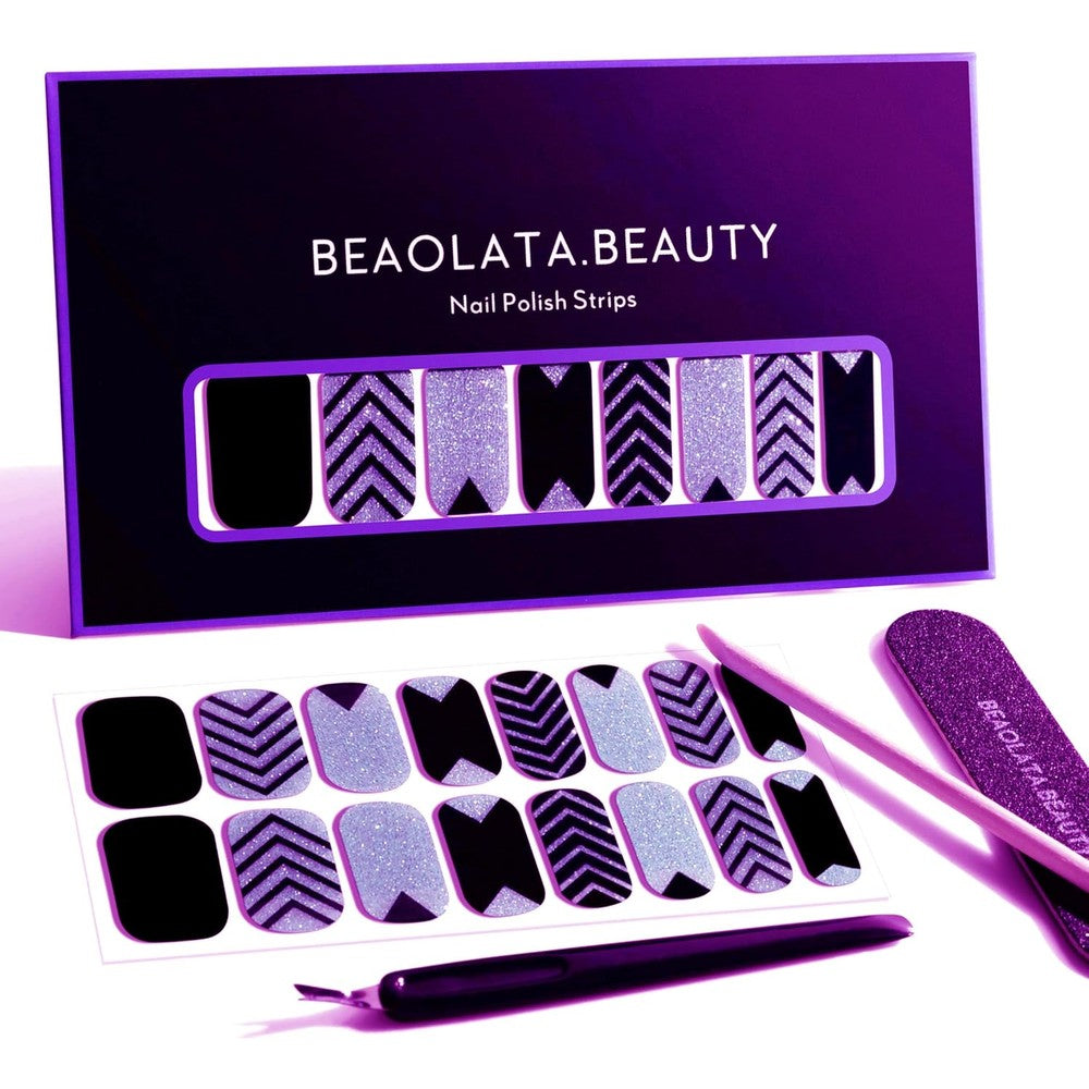 Beaolata Purple Chevron Nail Polish Strips packaging front view showing thirty two pieces of self adhesive real nail wraps.