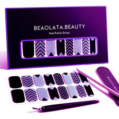 Beaolata Purple Chevron Nail Polish Strips packaging front view showing thirty two pieces of self adhesive real nail wraps.