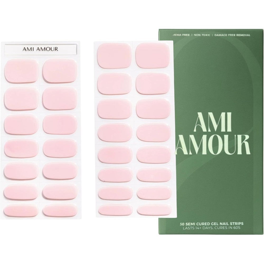 Ami Amour Semi Cured Gel Nail Strips Blushing Bunny front view packaging displaying light pink nail wraps.