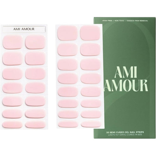 Ami Amour Semi Cured Gel Nail Strips Blushing Bunny front view packaging displaying light pink nail wraps.