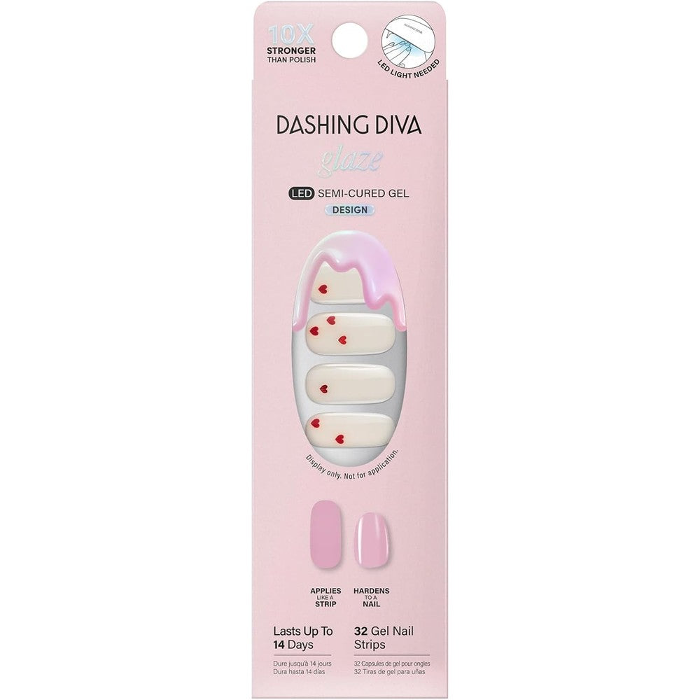 Dashing Diva Glaze It Is Fate semi-cured gel nail strip set retail packaging front view showcasing pink and red heart design.