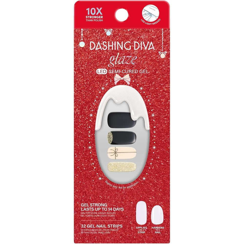 Dashing Diva Glaze Nail Strip Set Old Gold front packaging view showcasing festive red and gold holiday gel design strips.