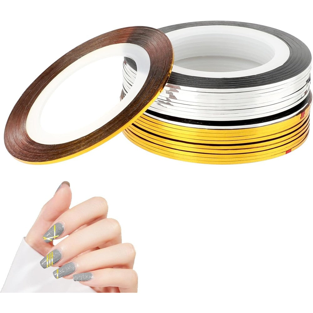 InnoHHustle nail art striping tape front view showing 20 rolls of gold and silver metallic lines