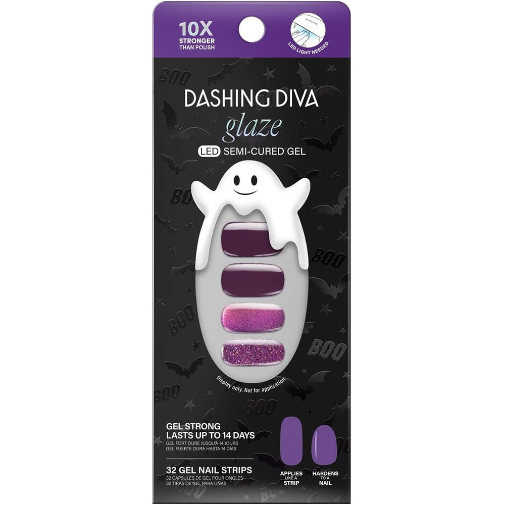 Dashing Diva Glaze Semi Cured Gel Nail Strip Set Amethysta retail packaging front view showcasing purple glitter nail stickers
