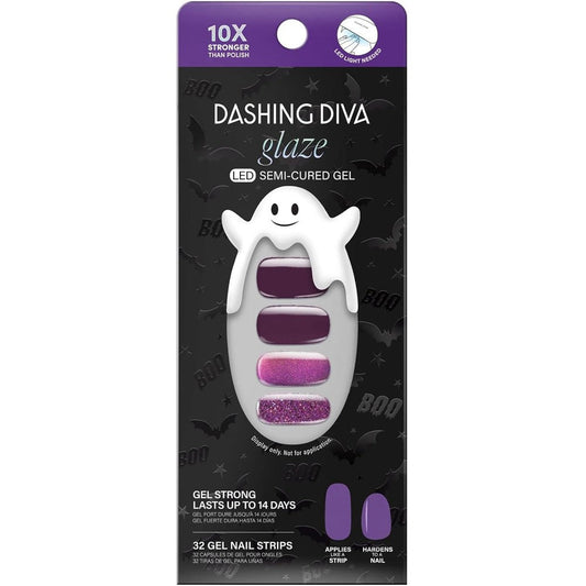 Dashing Diva Glaze Semi Cured Gel Nail Strip Set Amethysta retail packaging front view showcasing purple glitter nail stickers