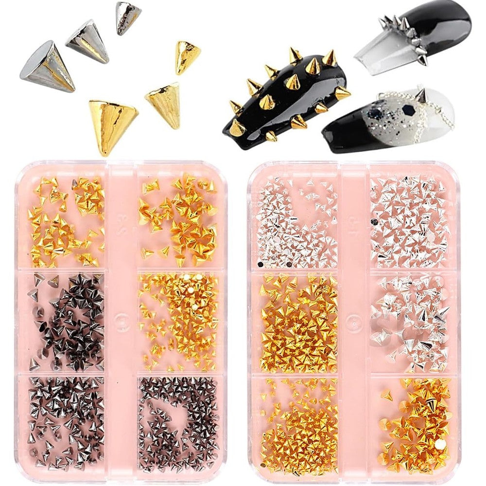 SONGJIE mini metal rivet punk nail charms front view of the multi-grid storage container showcasing metallic cone studs.