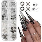 Tatiwoo 3D metal punk nail art charms front view of two organized boxes.