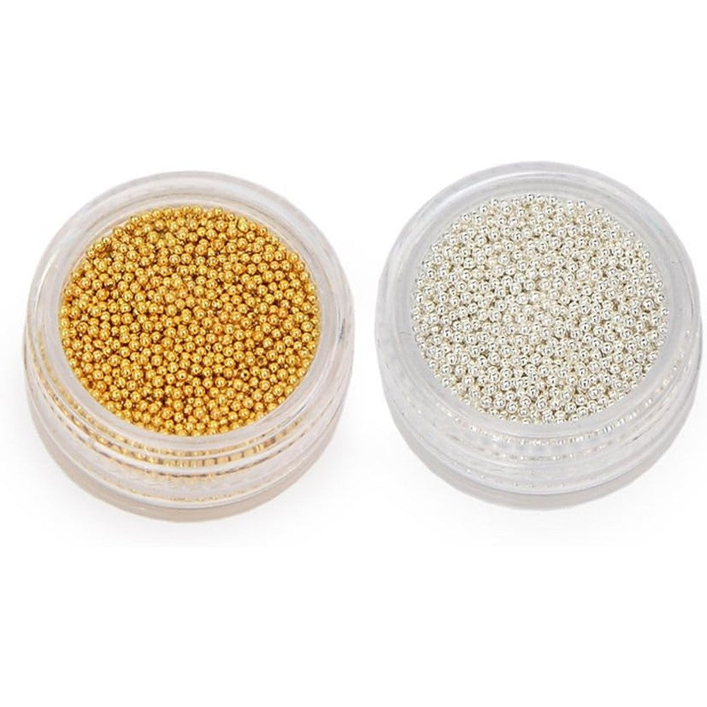 Mygitter Minejin 3D Nail Art Steel Beads front view of four individual clear storage pots containing gold and silver micro balls.