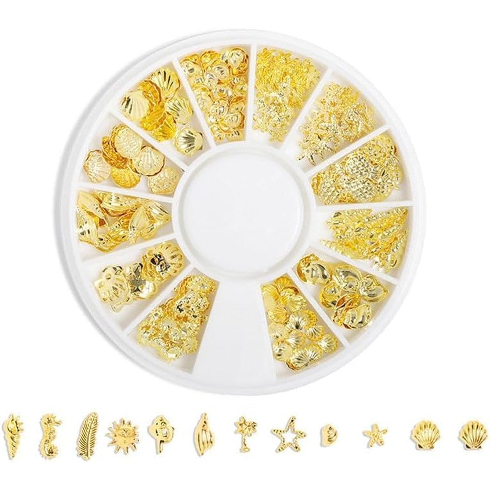 COOSLIM gold metallic ocean nail art studs wheel showing twelve varieties of marine life charms.