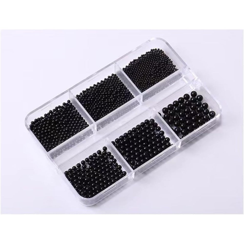 Yiwu YY Jewelry black nail art caviar beads front view showcasing six assorted micro sizes in a clear organizer container.