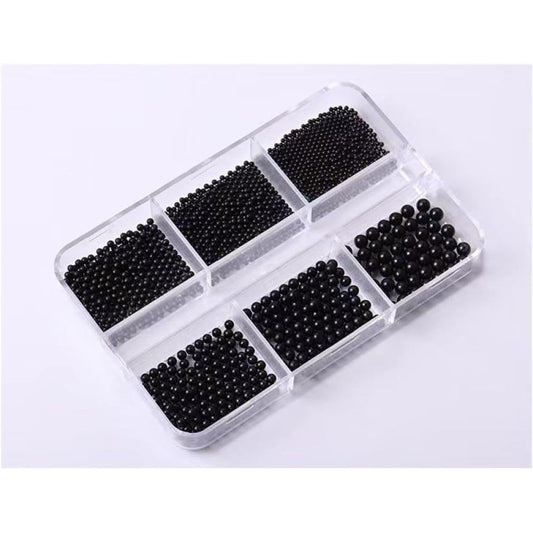 Yiwu YY Jewelry black nail art caviar beads front view showcasing six assorted micro sizes in a clear organizer container.