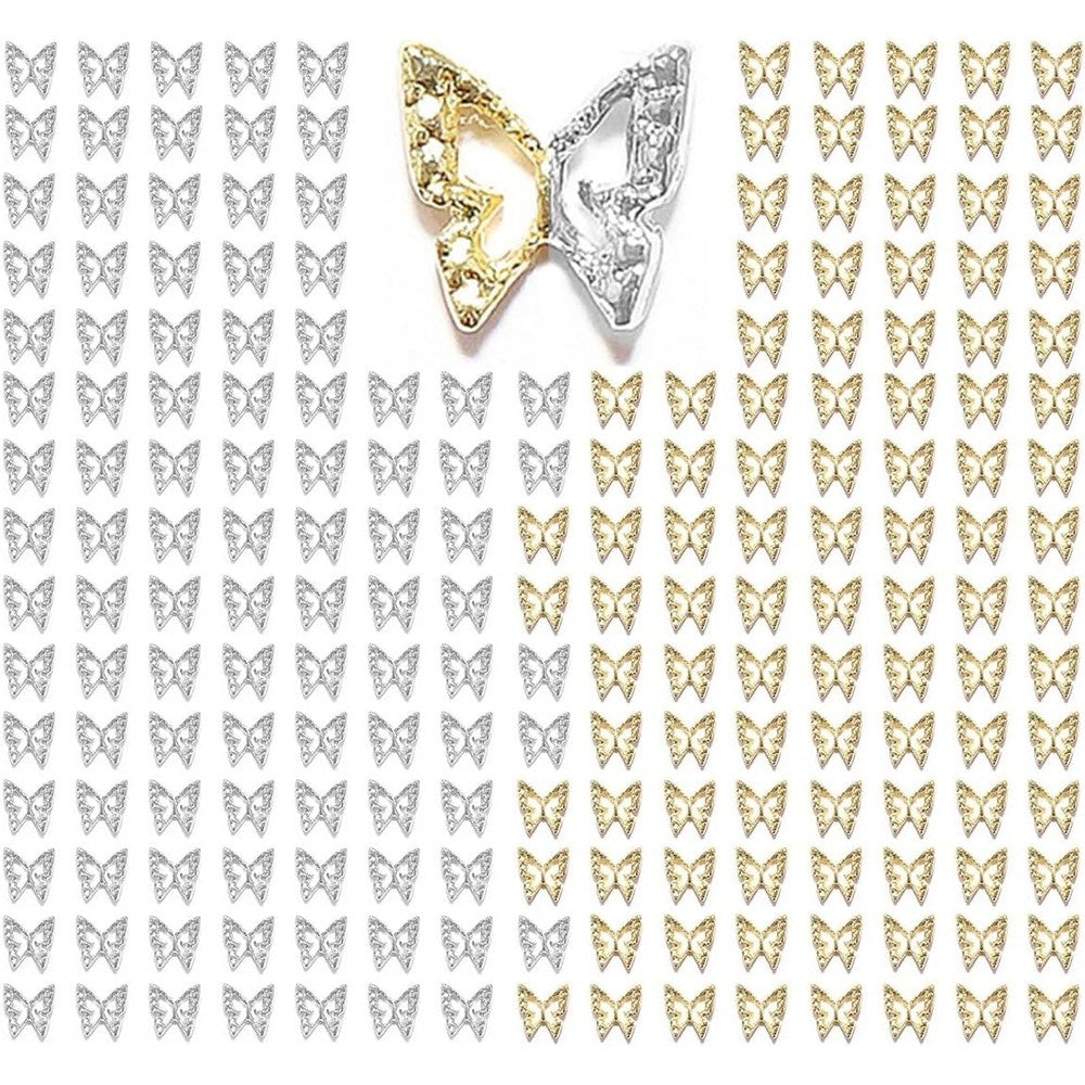 Qiipii 180 pieces 3D butterfly nail charms front view displaying a balanced mix of golden and silver metallic studs for professional acrylic manicures.
