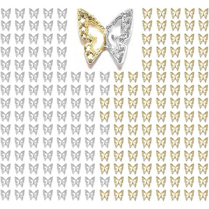 Qiipii 180 pieces 3D butterfly nail charms front view displaying a balanced mix of golden and silver metallic studs for professional acrylic manicures.