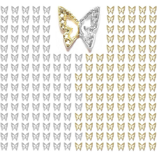 Qiipii 180 pieces 3D butterfly nail charms front view displaying a balanced mix of golden and silver metallic studs for professional acrylic manicures.