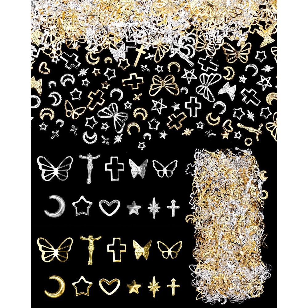 Tatiwoo 800 Pieces Silver and Gold Rivet Nail Charms front view displaying sorted assorted metallic shapes.