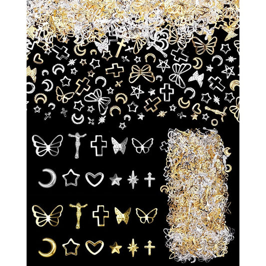 Tatiwoo 800 Pieces Silver and Gold Rivet Nail Charms front view displaying sorted assorted metallic shapes.