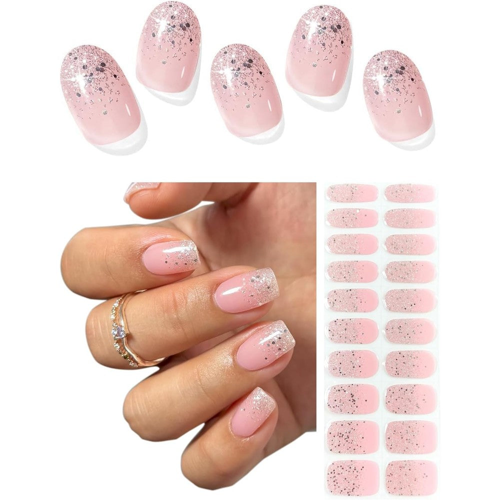 AutyaMee semi-cured gel nail strips white glitter tip front view