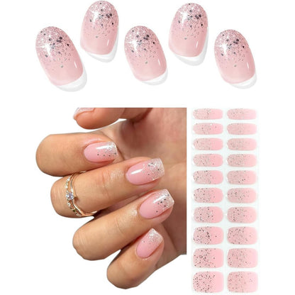 AutyaMee semi-cured gel nail strips white glitter tip front view
