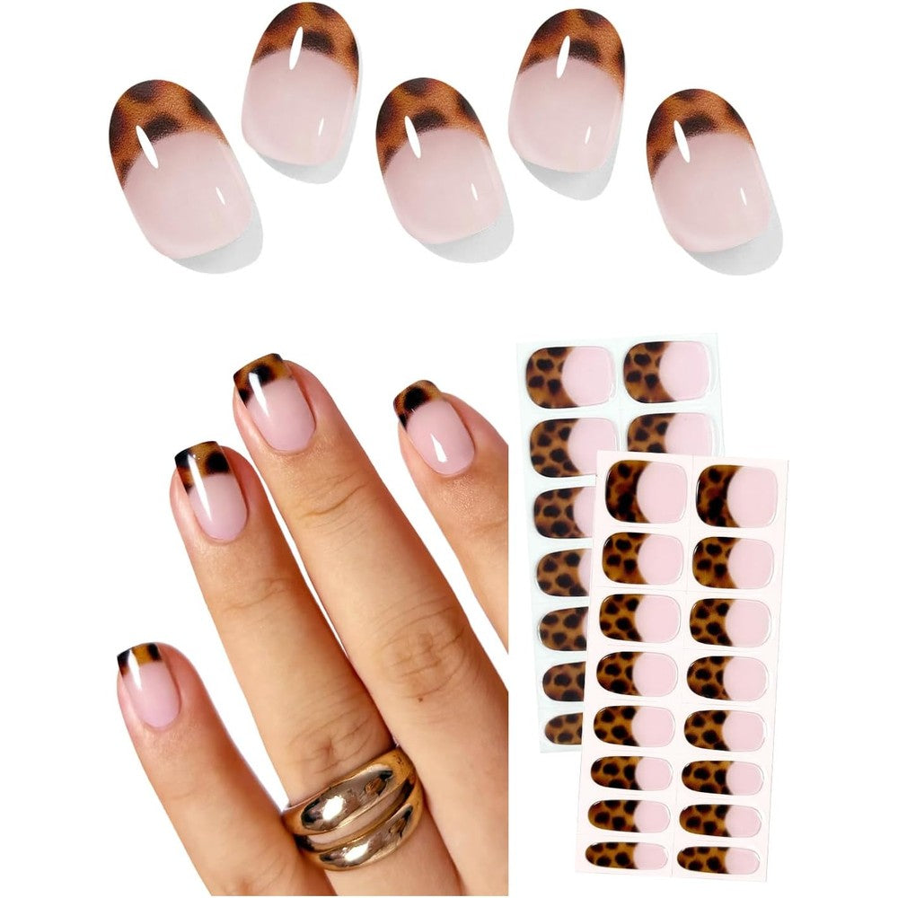 AutyaMee leopard French semi-cured gel nail strips front view