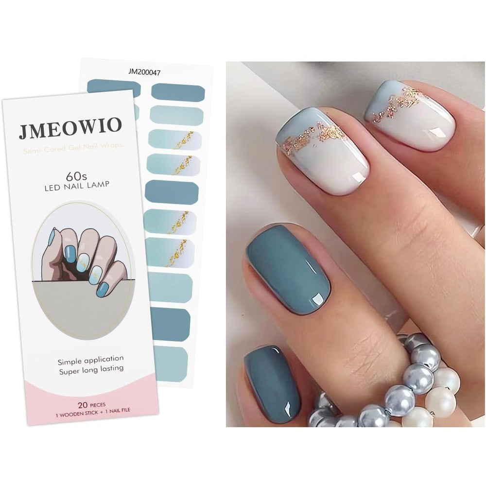 Jmeowio gel nail stickers gold glitter gradient blue front view