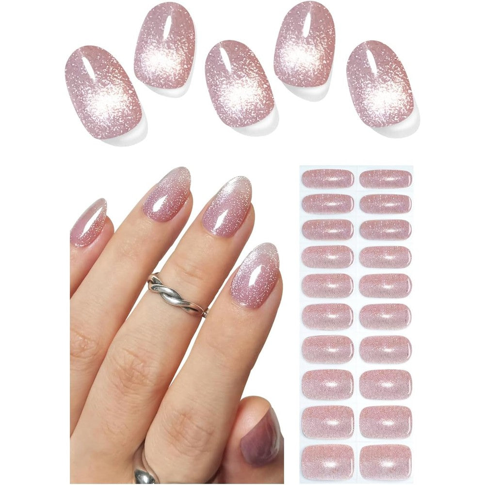 Wahrshei semi cured gel nail strips cat eye pink glitter set