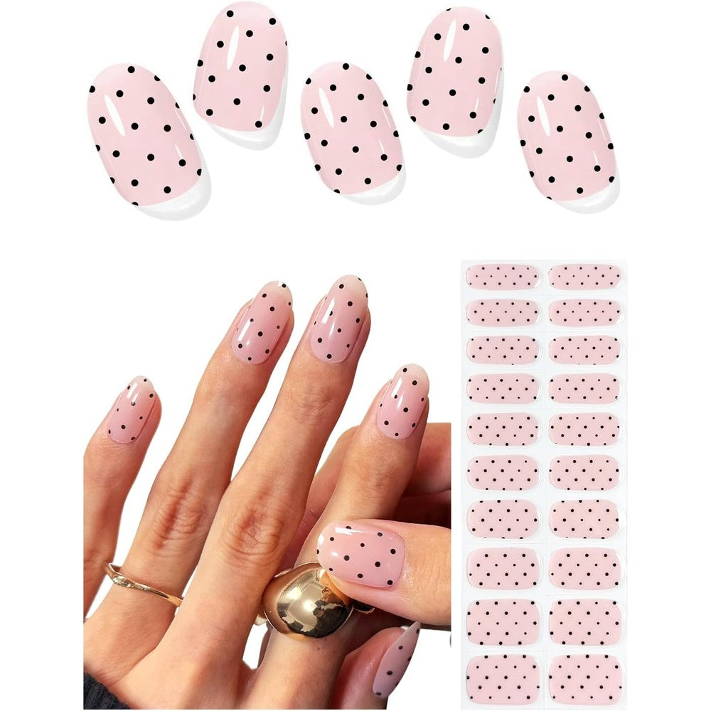 AutyaMee semi-cured gel nail strips in black polka dot and pink