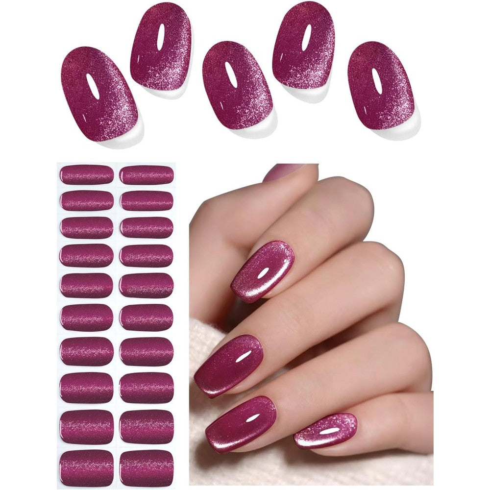 Wahrshei berry cat eye semi cured gel nail strips front packaging view