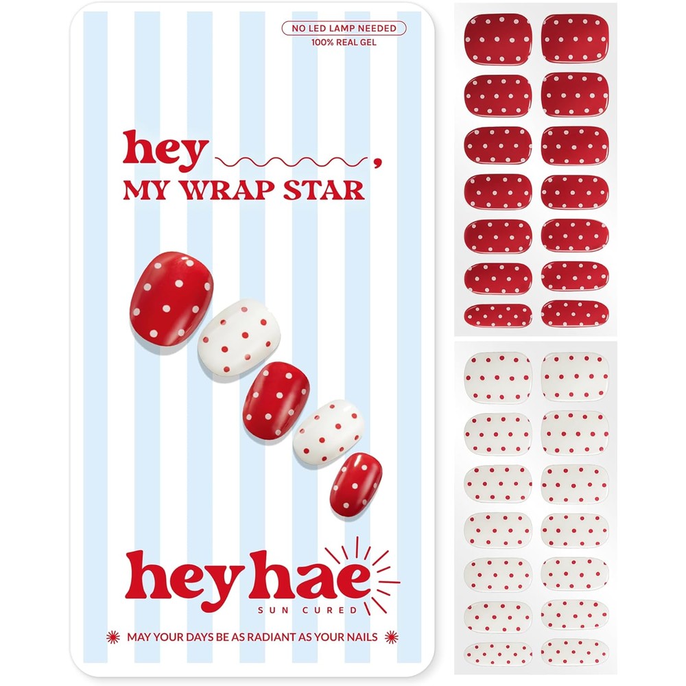 Heyhae semi cured gel nail strips red polka dot package front view
