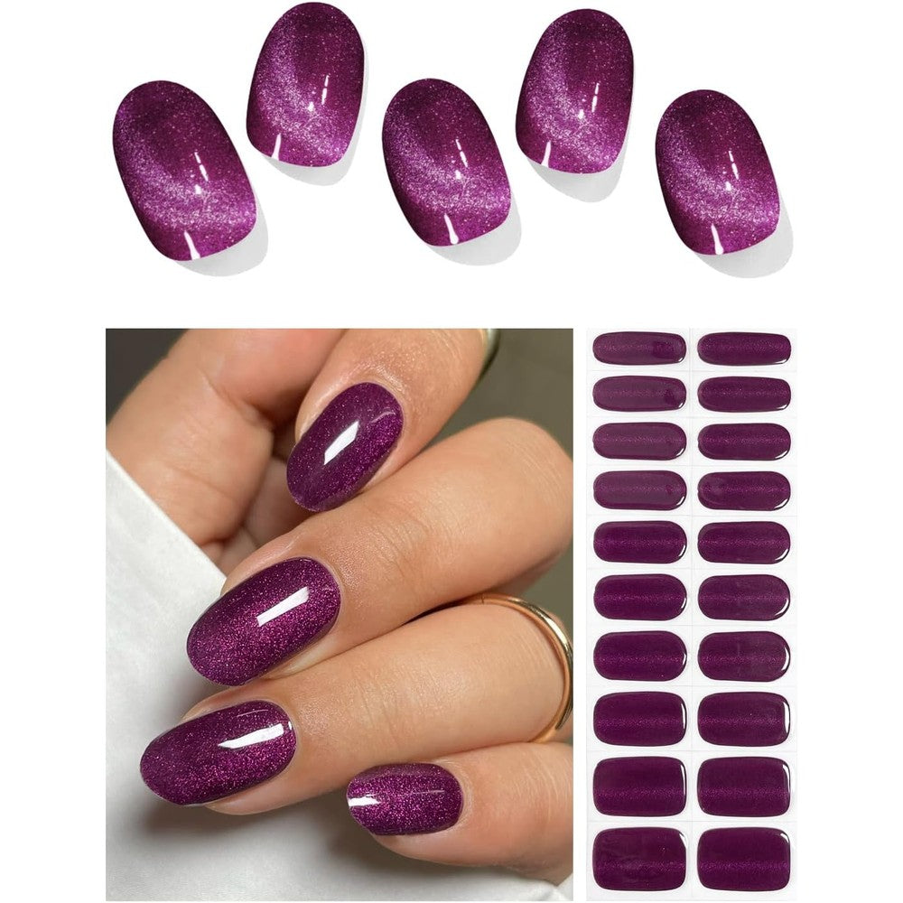 AutyaMee Deep Plum Cat Eye semi-cured gel nail strips front view.