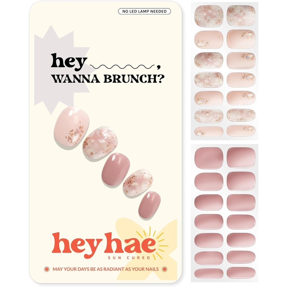 Heyhae semi cured gel nail strips Wanna Brunch pink glitter front packaging